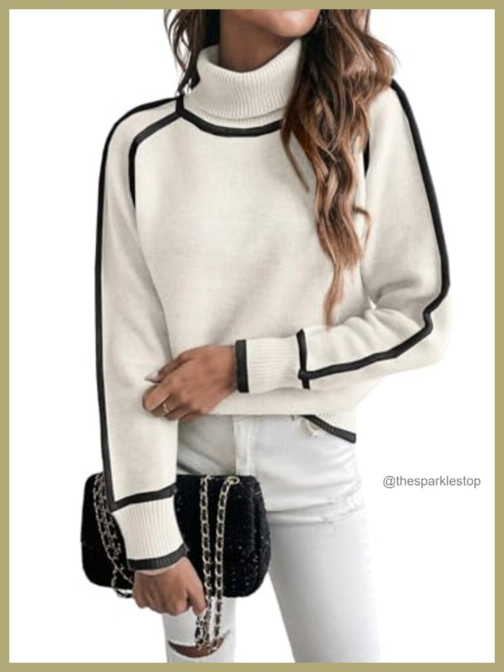 Cozy Turtleneck Sweater Color Block Loose Fit Pullover Long Sleeve